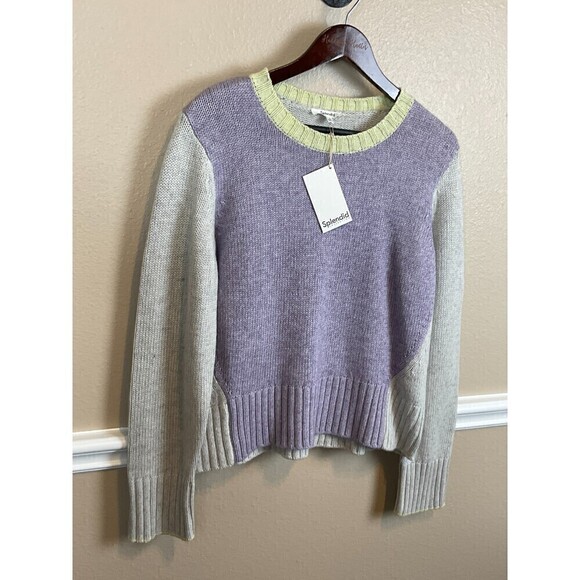 New Splendid Mally Purple Gray Green Colorblock M Sweater Cropped Cozy Comfy Top - Picture 3 of 12